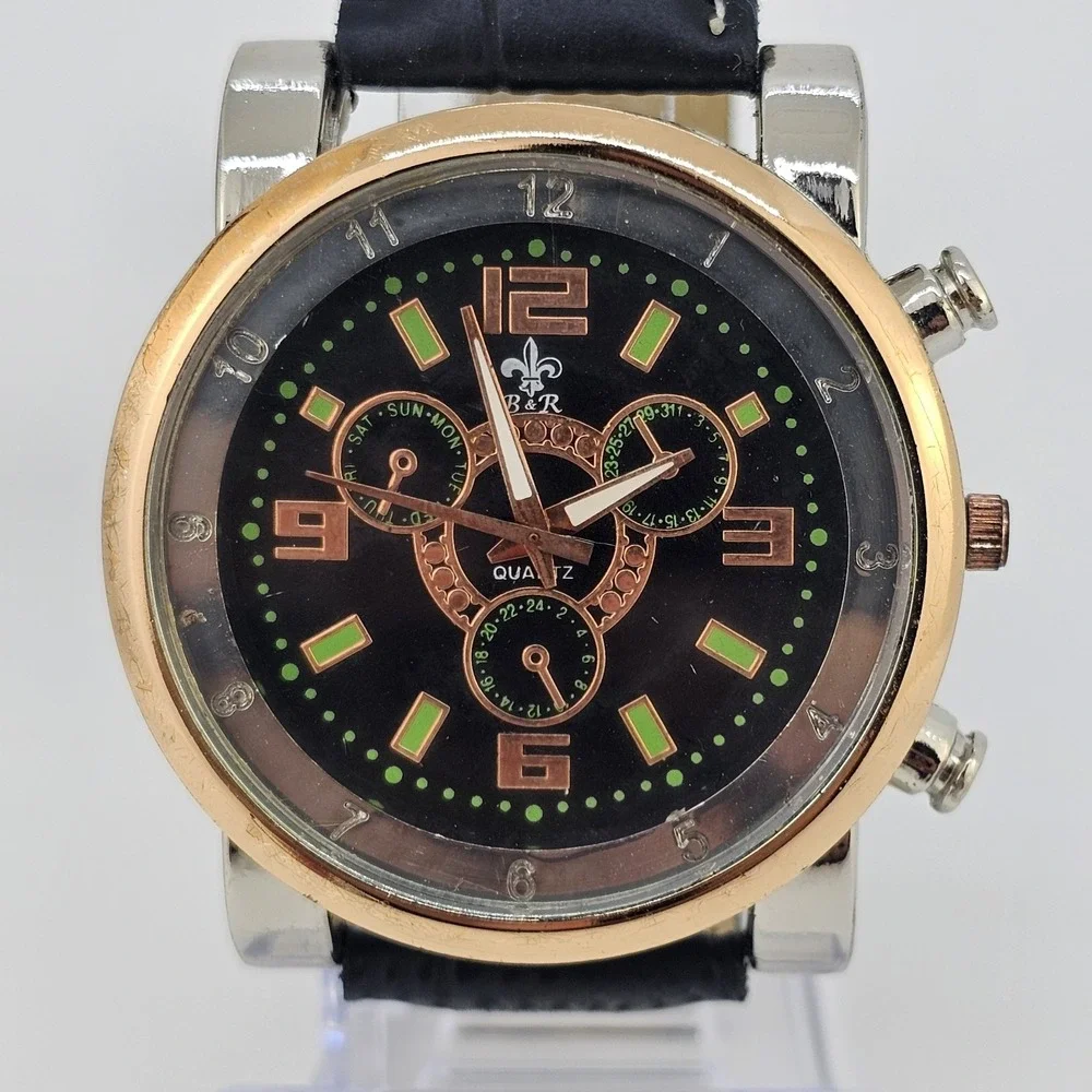 Men's Analog Watch 43MM Black Dial‎ Black Faux Leather Bands New Battery